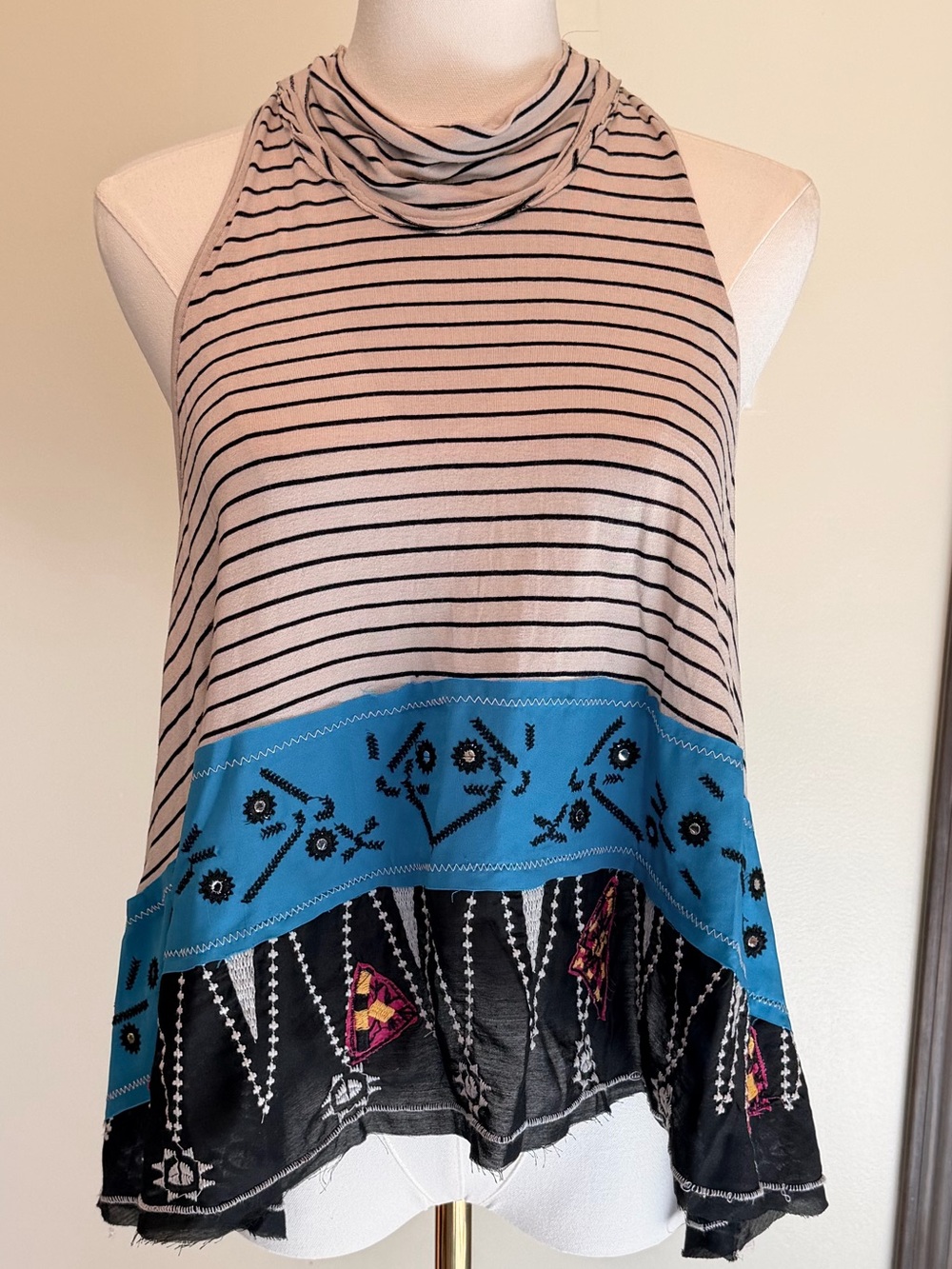 Free People Ivory Striped Halter with Blue Embroidered Band